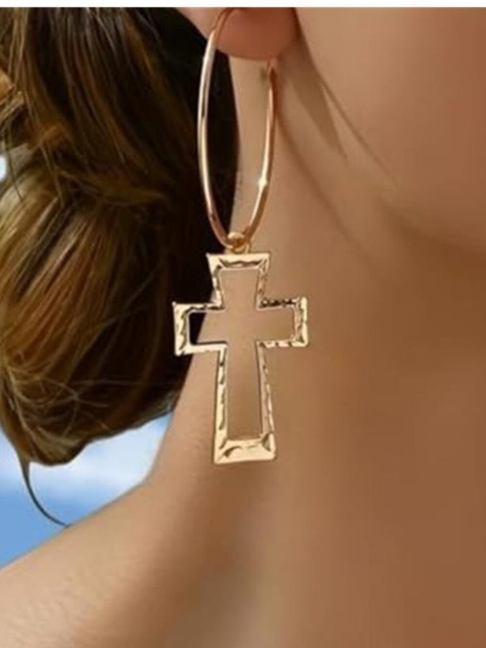 Gold Tone Hammered Cross Hoop Earrings Lightweight Boho Statement Dangle
